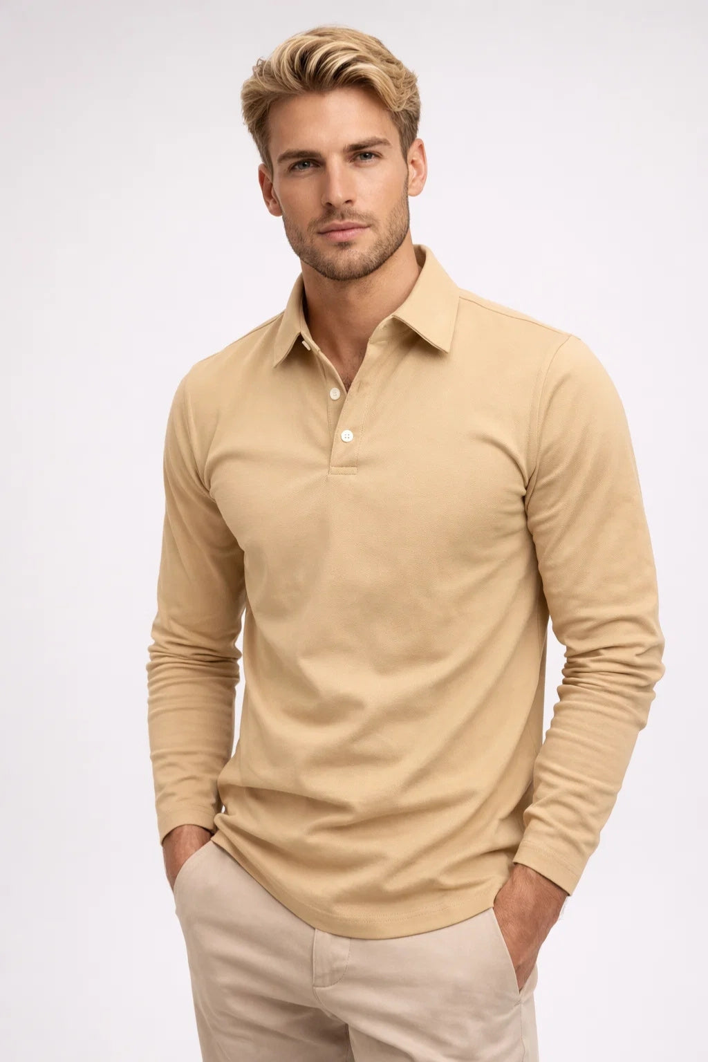 Polo homem manga longa gola clássica slim fit
