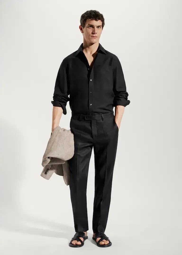 Camisa masculina algodão linho corte reto colarinho clássico