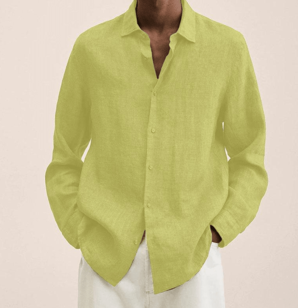 Camisa masculina algodão linho corte reto colarinho clássico