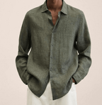 Camisa masculina algodão linho corte reto colarinho clássico