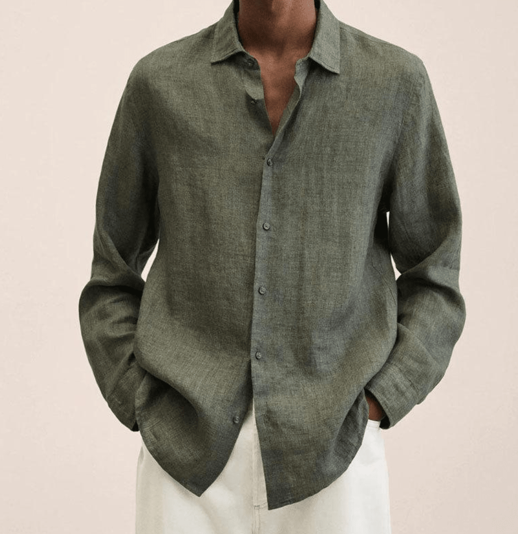 Camisa masculina algodão linho corte reto colarinho clássico