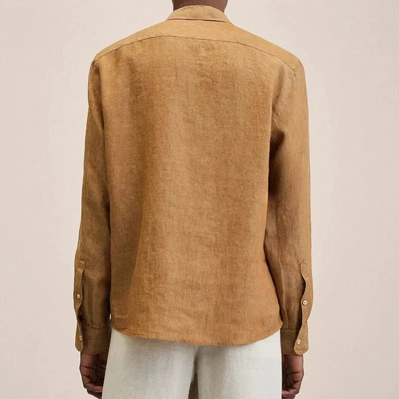 Camisa masculina algodão linho corte reto colarinho clássico