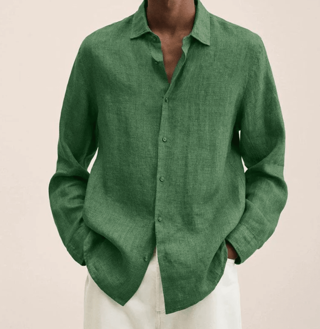 Camisa masculina algodão linho corte reto colarinho clássico