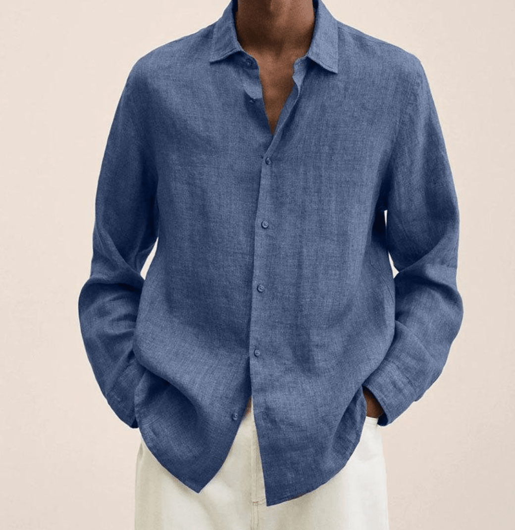 Camisa masculina algodão linho corte reto colarinho clássico