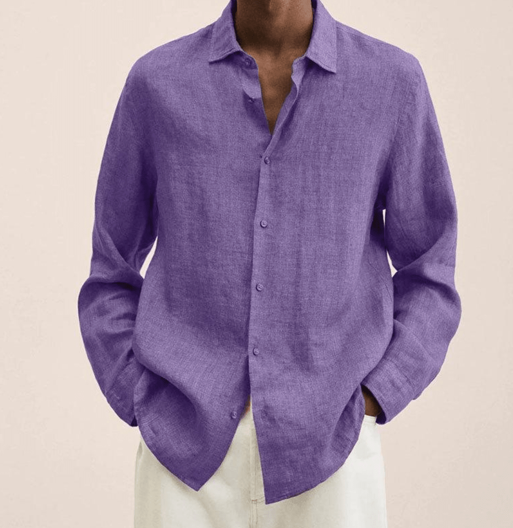 Camisa masculina algodão linho corte reto colarinho clássico