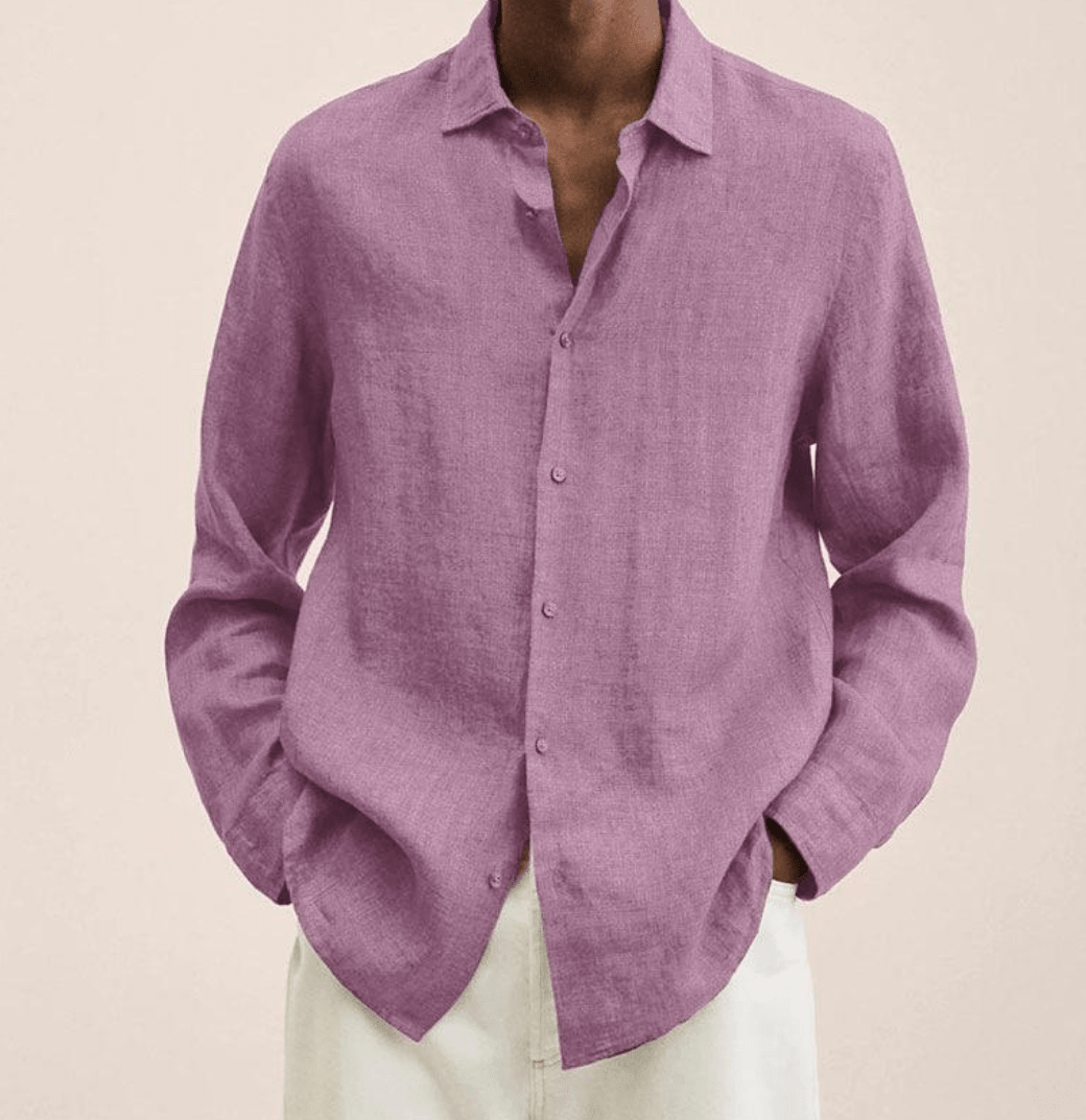 Camisa masculina algodão linho corte reto colarinho clássico