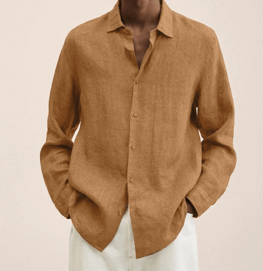 Camisa masculina algodão linho corte reto colarinho clássico