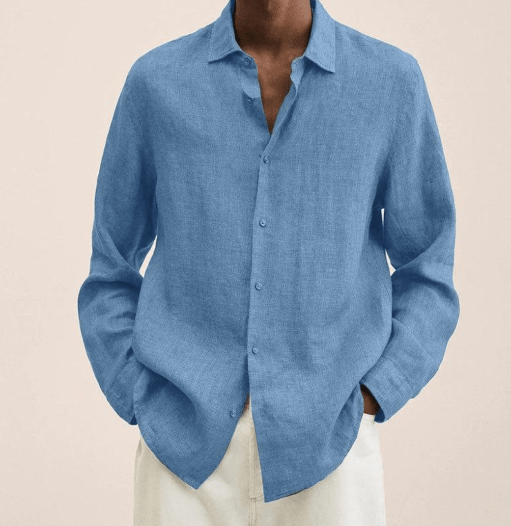 Camisa masculina algodão linho corte reto colarinho clássico