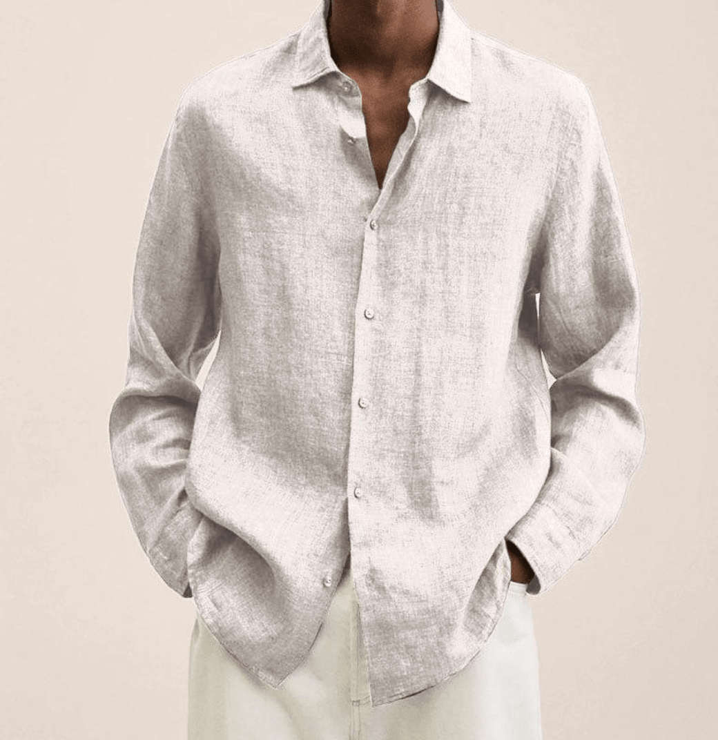 Camisa masculina algodão linho corte reto colarinho clássico