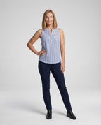 Blusa sem mangas feminina riscas azul gola alta algodão casual