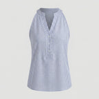 Blusa sem mangas feminina riscas azul gola alta algodão casual