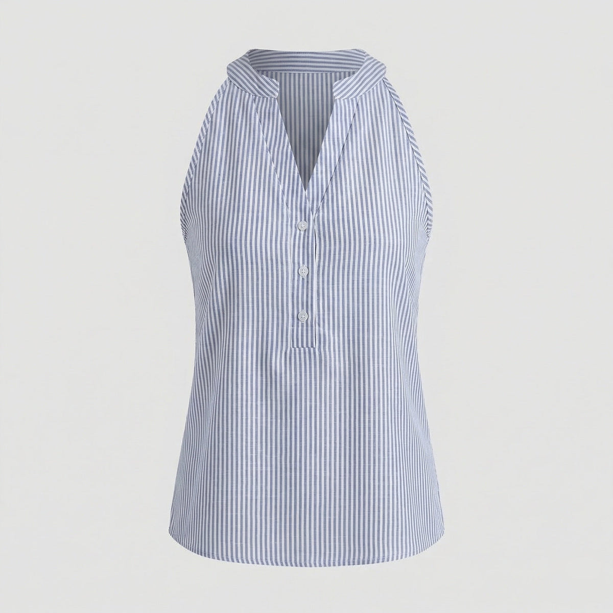 Blusa sem mangas feminina riscas azul gola alta algodão casual