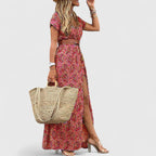 Vestido maxi boho feminino com decote em V silhueta fluida