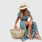 Vestido maxi boho feminino com decote em V silhueta fluida