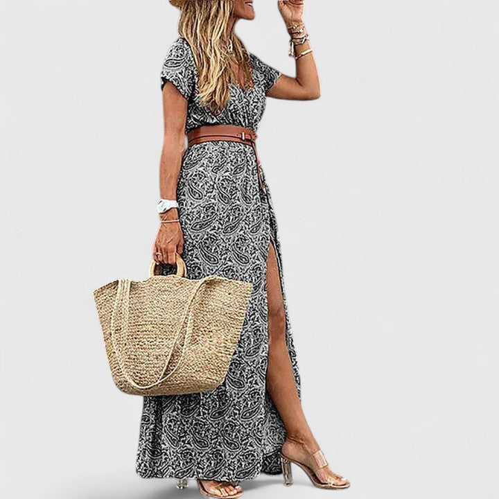 Vestido maxi boho feminino com decote em V silhueta fluida