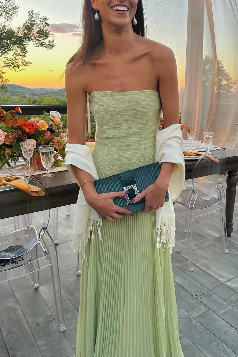 Vestido maxi feminino sem alças plissado comprimento longo silhueta definida