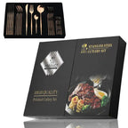 Conjunto de talheres em aço inox 24 peças com acabamento dourado e cabos coloridos preto, branco e rosa