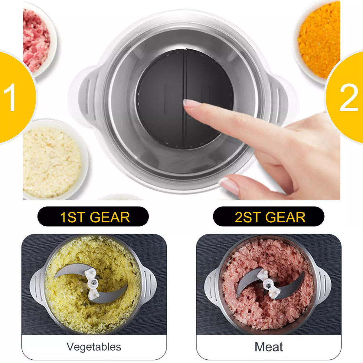 Processador de alimentos 2L 300W com lâminas inoxidável e tampa transparente