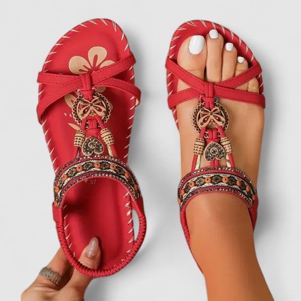 Sandálias ortopédicas femininas T-Strap boho com suporte de arco e missangas decorativas