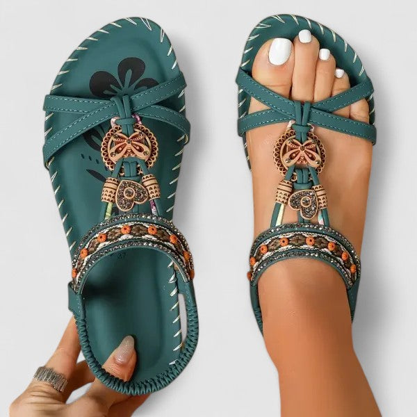Sandálias ortopédicas femininas T-Strap boho com suporte de arco e missangas decorativas