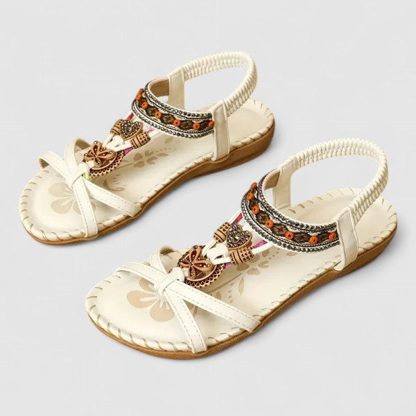 Sandálias ortopédicas femininas T-Strap boho com suporte de arco e missangas decorativas