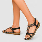 Sandálias ortopédicas femininas T-Strap boho com suporte de arco e missangas decorativas