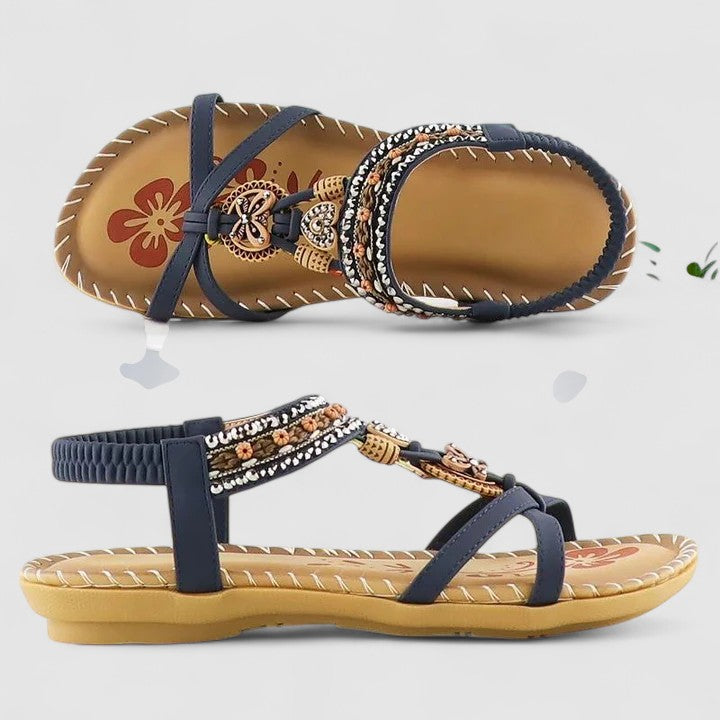 Sandálias ortopédicas femininas T-Strap boho com suporte de arco e missangas decorativas