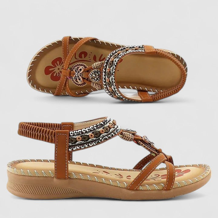 Sandálias ortopédicas femininas T-Strap boho com suporte de arco e missangas decorativas