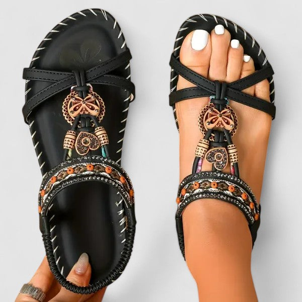 Sandálias ortopédicas femininas T-Strap boho com suporte de arco e missangas decorativas