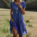 Vestido feminino boho solto longo, silhueta fluída e estilo descontraído