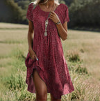 Vestido feminino boho solto longo, silhueta fluída e estilo descontraído