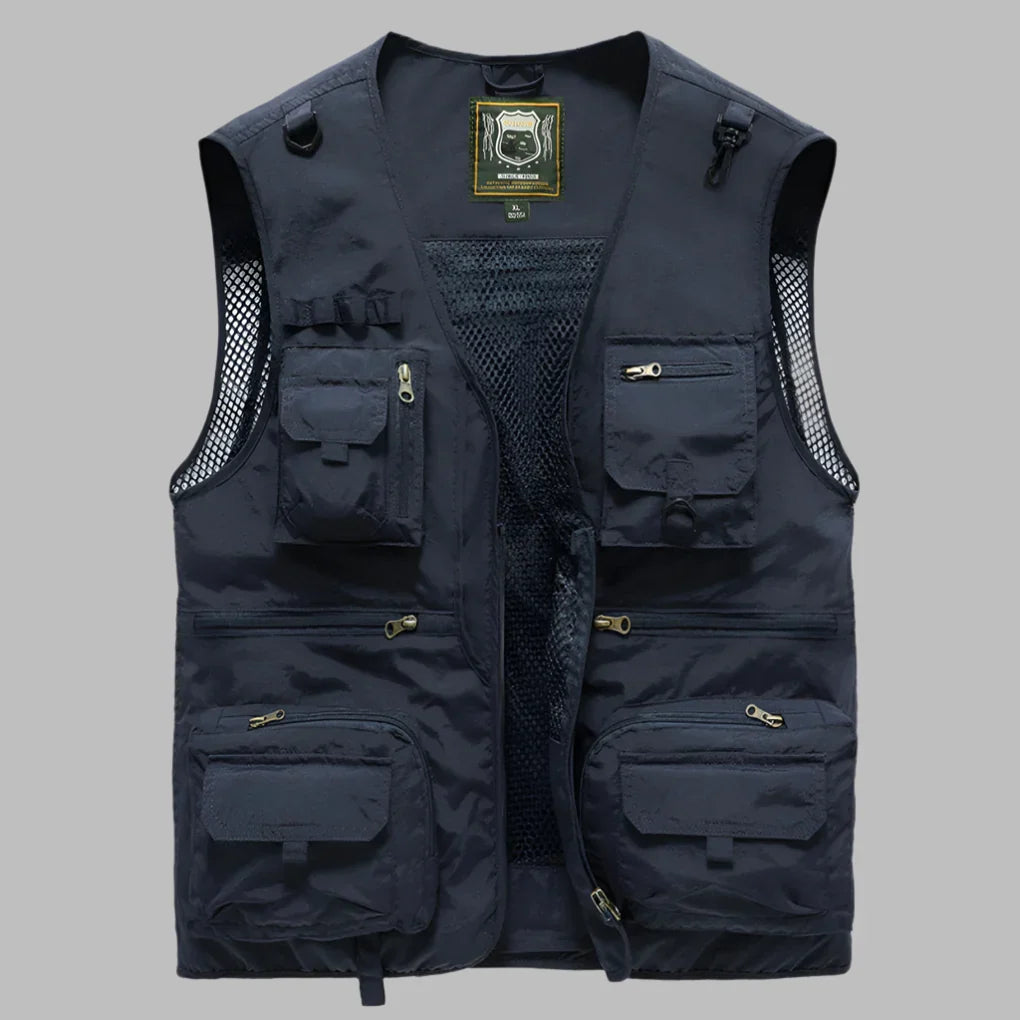 Colete masculino multibolsos impermeável com gola alta e zíper frontal