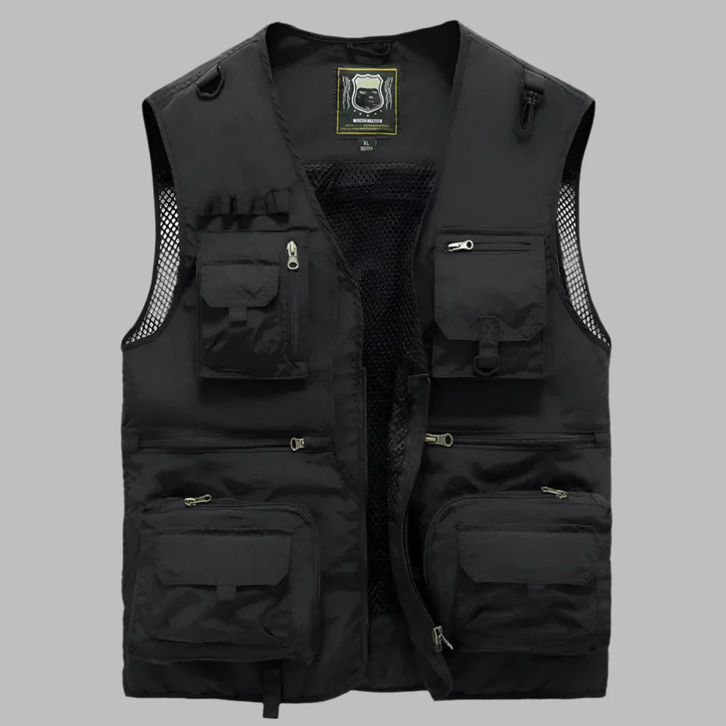Colete masculino multibolsos impermeável com gola alta e zíper frontal