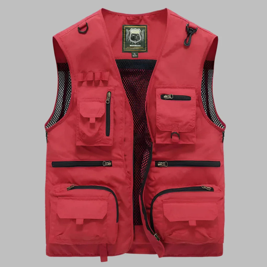 Colete masculino multibolsos impermeável com gola alta e zíper frontal