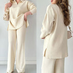 Conjunto feminino calça wide leg manga longa cintura alta