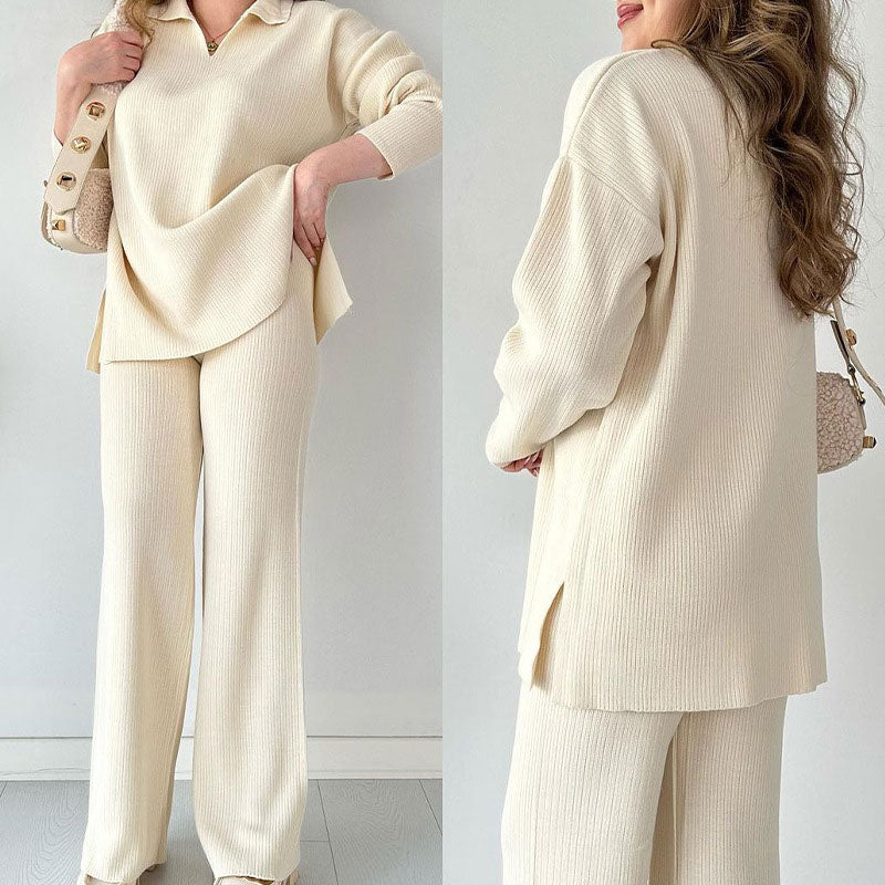 Conjunto feminino calça wide leg manga longa cintura alta