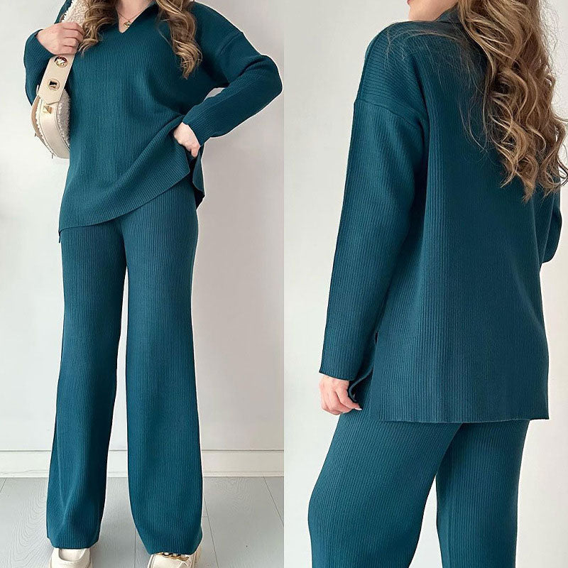 Conjunto feminino calça wide leg manga longa cintura alta