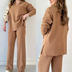 Conjunto feminino calça wide leg manga longa cintura alta