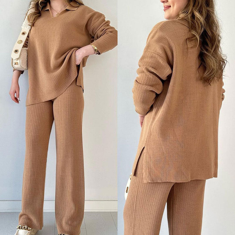 Conjunto feminino calça wide leg manga longa cintura alta
