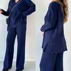 Conjunto feminino calça wide leg manga longa cintura alta