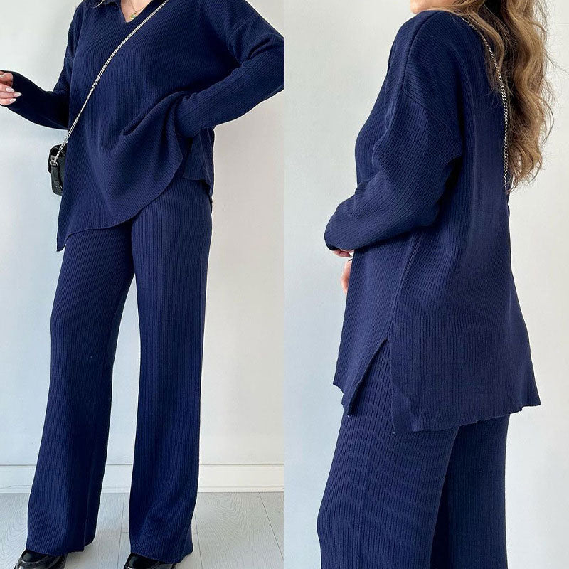 Conjunto feminino calça wide leg manga longa cintura alta