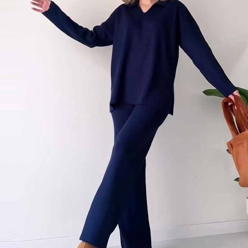 Conjunto feminino calça wide leg manga longa cintura alta