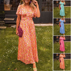 Vestido maxi feminino com decote em V, corte elegante e comprimento longo