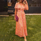 Vestido maxi feminino com decote em V, corte elegante e comprimento longo