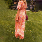 Vestido maxi feminino com decote em V, corte elegante e comprimento longo