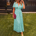 Vestido maxi feminino com decote em V, corte elegante e comprimento longo