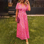 Vestido maxi feminino com decote em V, corte elegante e comprimento longo