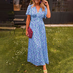 Vestido maxi feminino com decote em V, corte elegante e comprimento longo