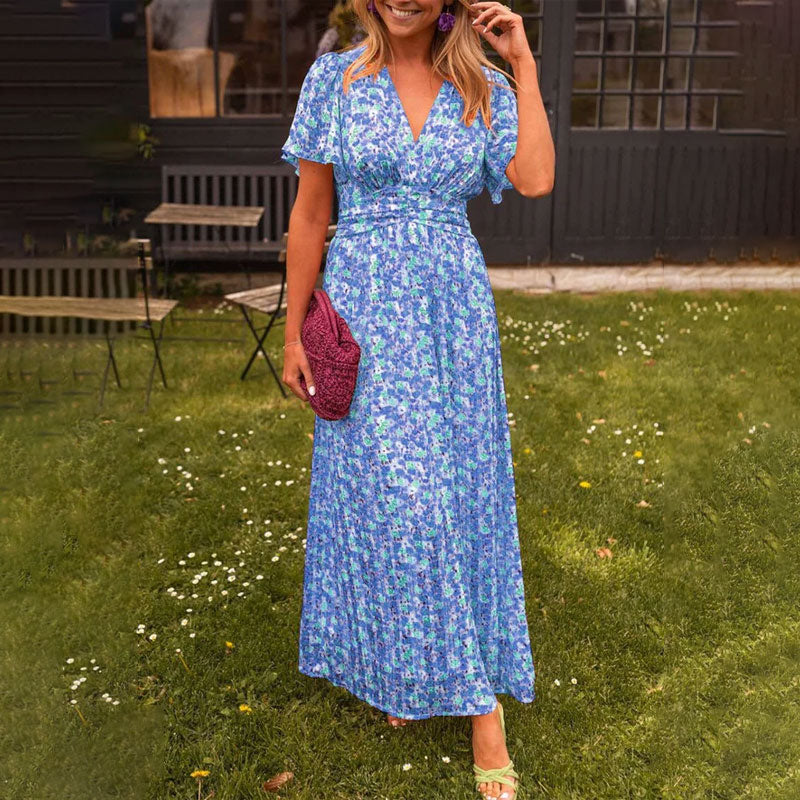 Vestido maxi feminino com decote em V, corte elegante e comprimento longo