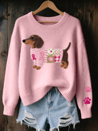 Sweater feminino tricot motivo salsicha patchwork em feltro com laços rosas